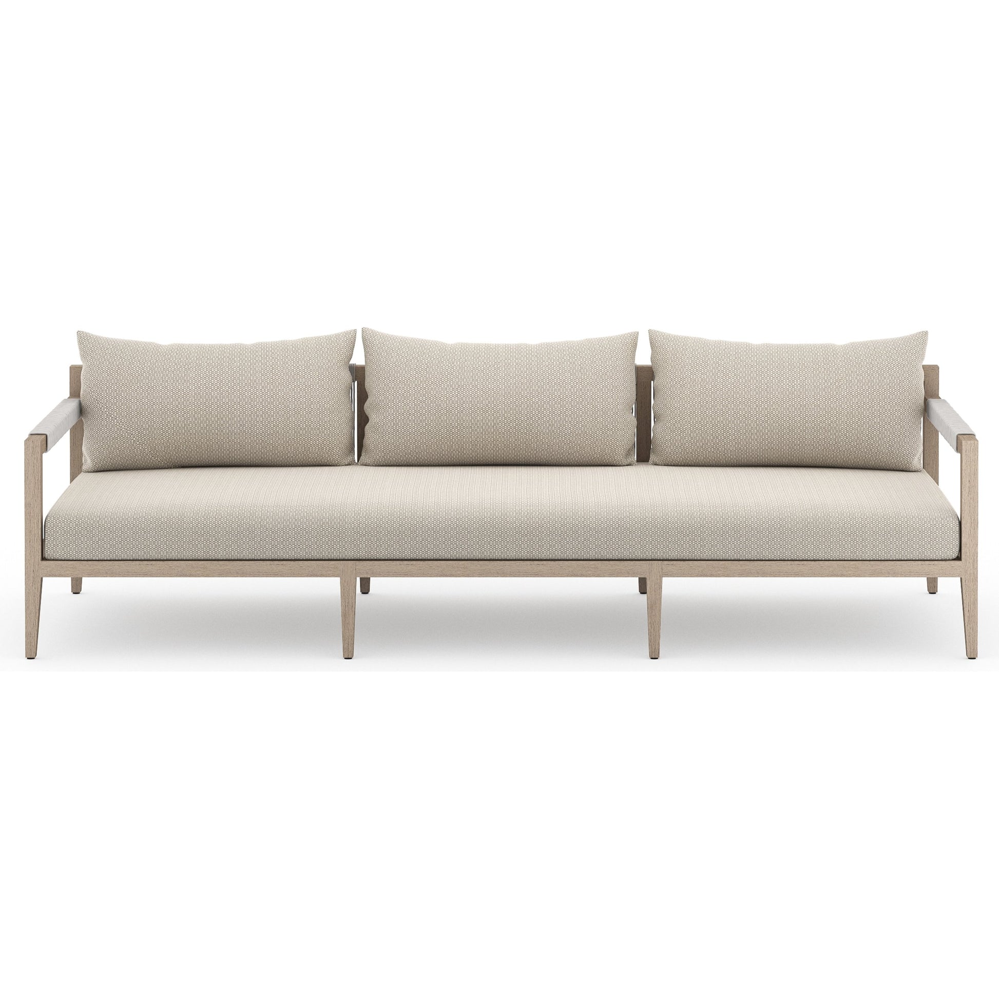 Sherwood Outdoor Sofa, Washed Brown by Four Hands. Made from 100% olefin, solid fsc®-certified teak, 100% polypropylene in a coastal style.