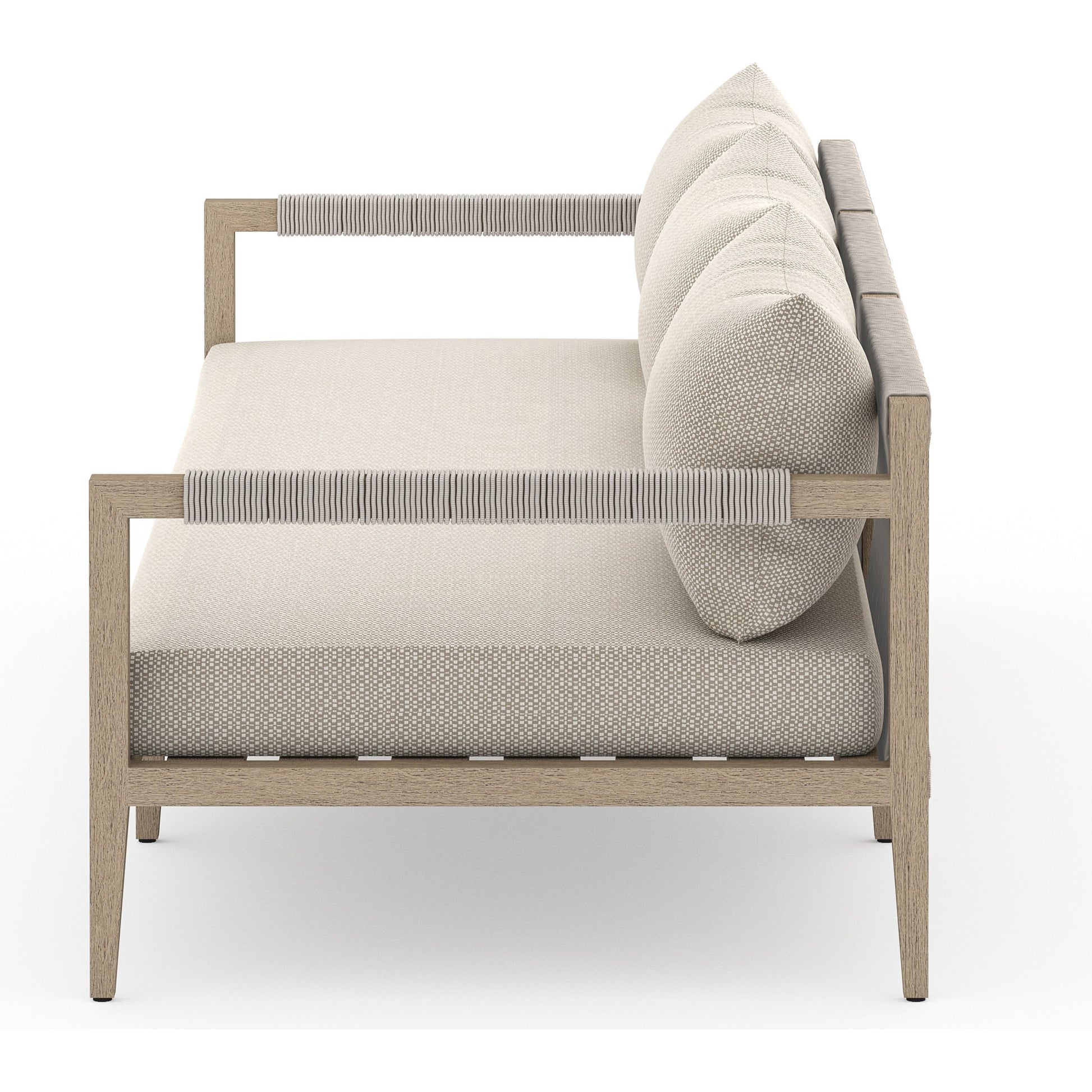 Sherwood Outdoor Sofa, Washed Brown by Four Hands. Made from 100% olefin, solid fsc®-certified teak, 100% polypropylene in a coastal style.