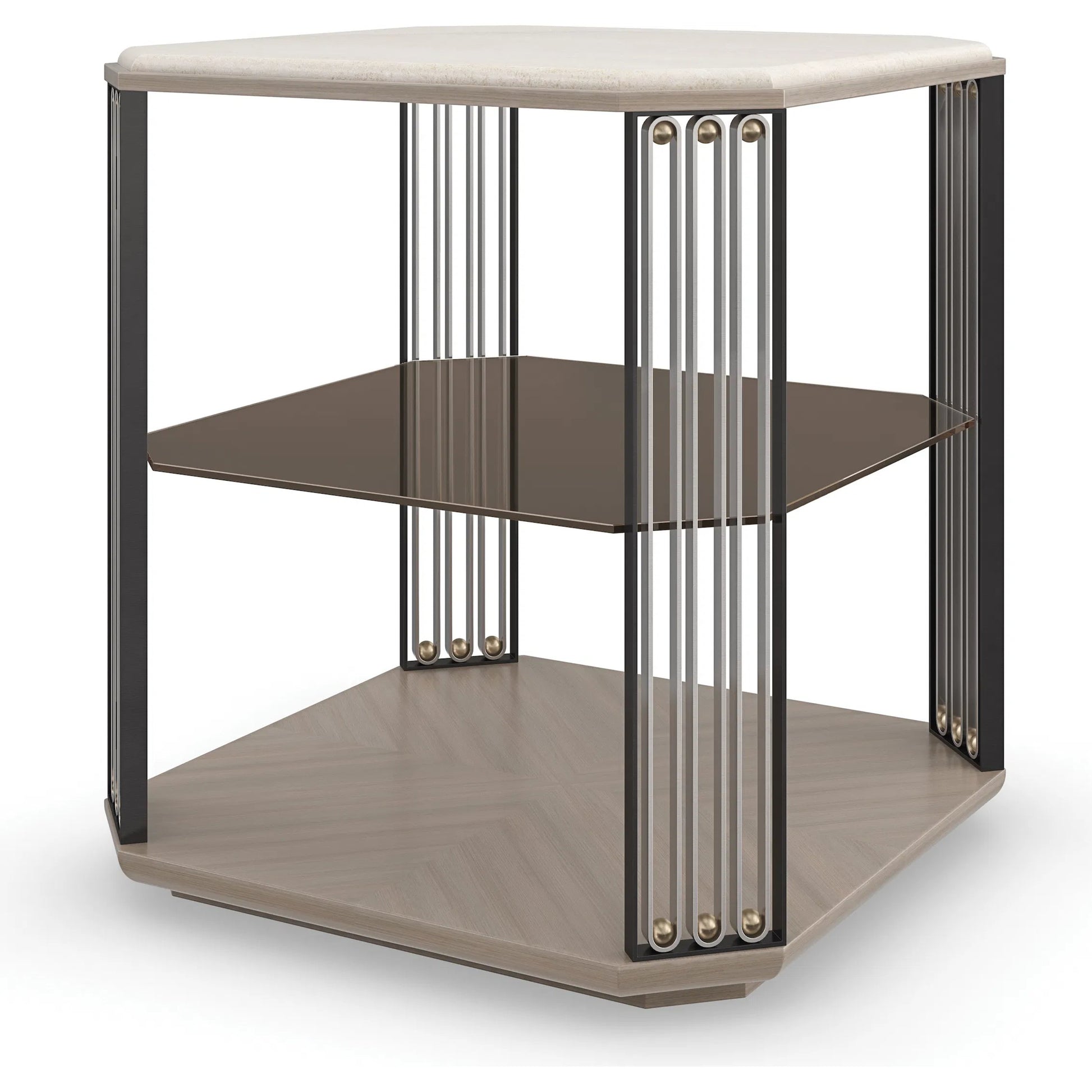 Alloy End Table by Caracole in dry martini. brushed gold, brushed stainless, deep bronze. Made from poplar, stone, koto in a unique style.