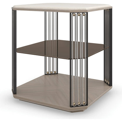 Alloy End Table by Caracole in dry martini. brushed gold, brushed stainless, deep bronze. Made from poplar, stone, koto in a unique style.