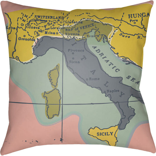 Jetset Pillow - 18841 by Livabliss in bright yellow, charcoal, olive, bright pink, mint. Made from front: 100% polyester, back: 100% polyester in a modern style.