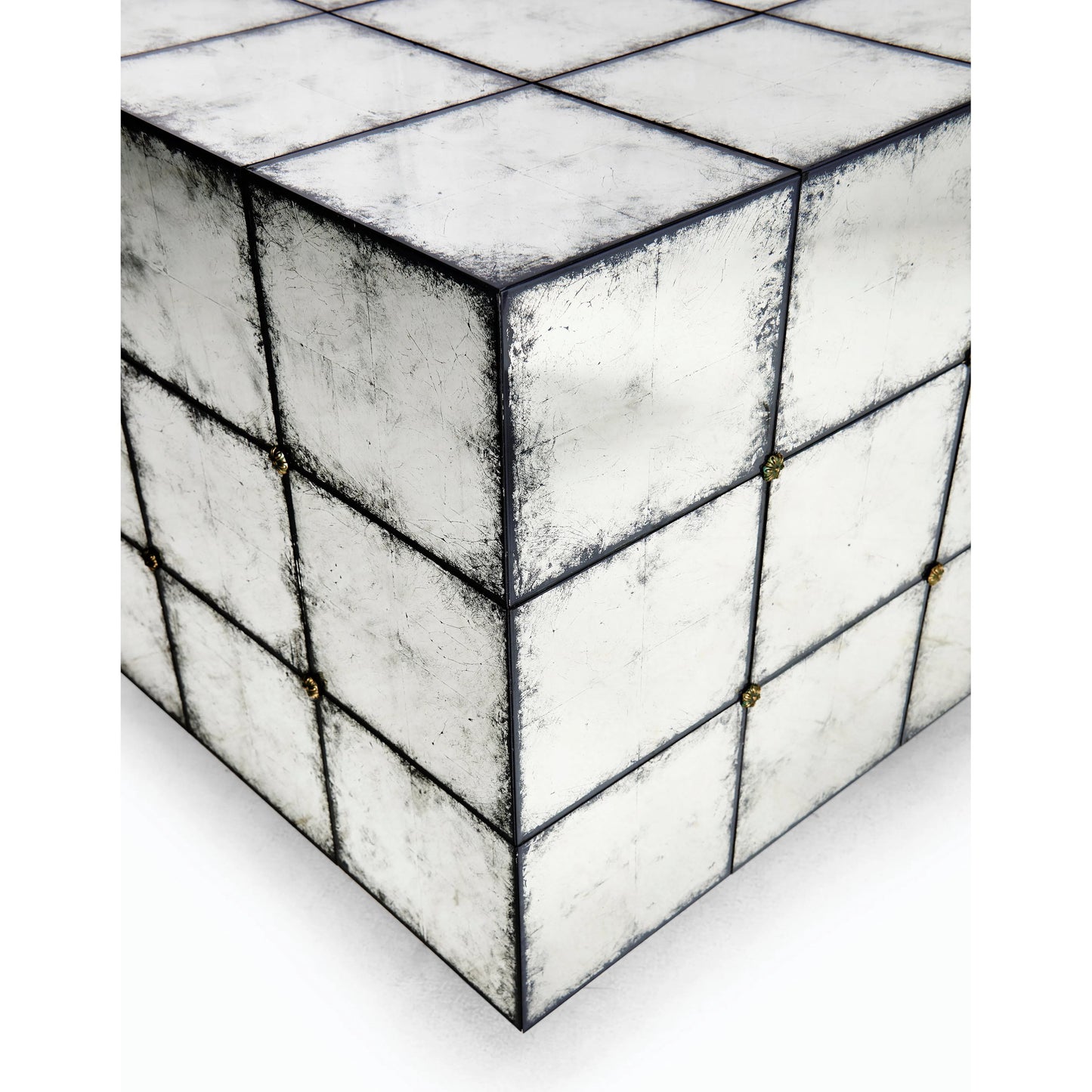 004 SI-2186356 | Closeup | Luna Square End Table by Jonathan Charles in silver and eglomise. Made from hardwood solids, glass, brass in a modern style.