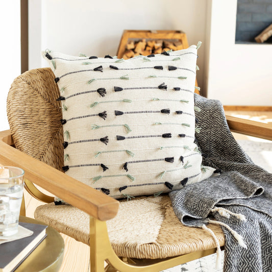 Justine Pillow - 13492 by Livabliss in beige, black, sage. Made from 100% cotton in a modern style.