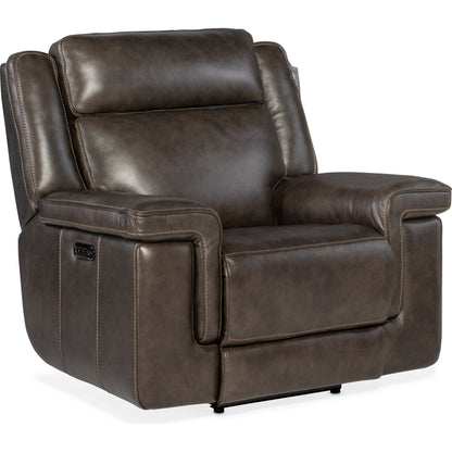 Montel Lay Flat Power Recliner by Hooker Furniture in cosmos cobalt. Made from leather in a traditional style.