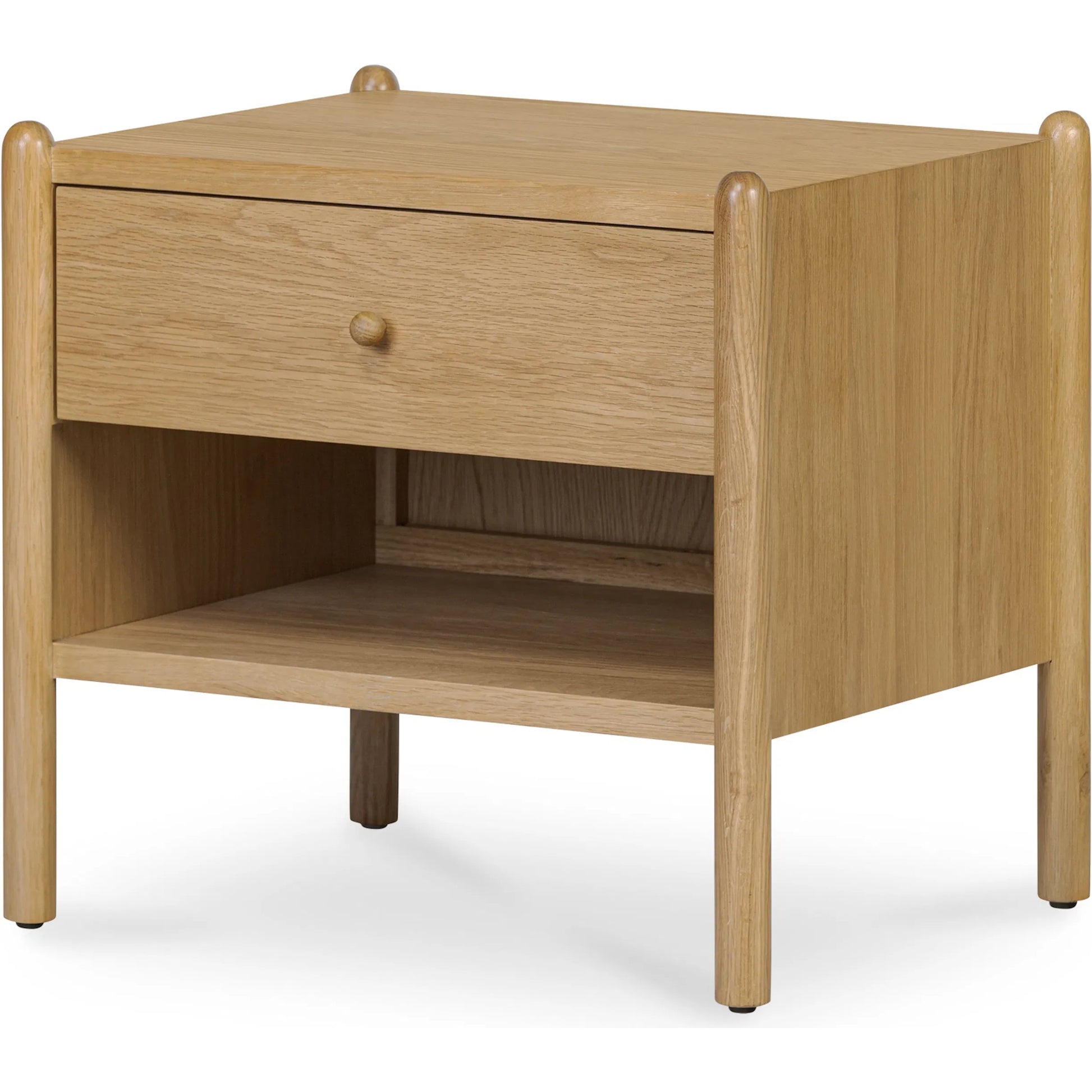 Billy Nightstand by Moe's Home Collection in natural oak. Made from oak veneer over mdf frame, solid oak leg, handle, plywood drawer in a transitional style.