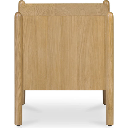 Billy Nightstand by Moe's Home Collection in natural oak. Made from oak veneer over mdf frame, solid oak leg, handle, plywood drawer in a transitional style.
