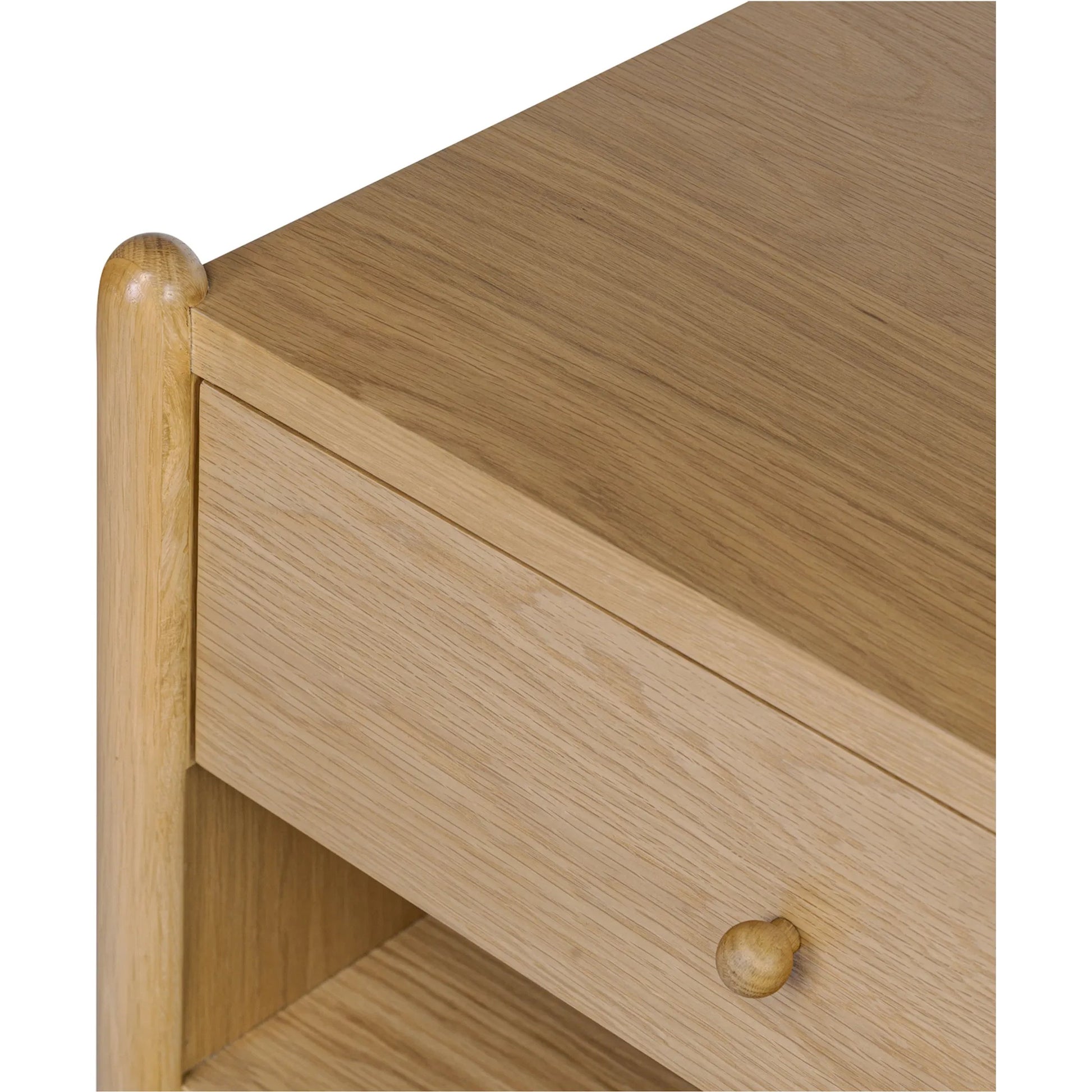 Billy Nightstand by Moe's Home Collection in natural oak. Made from oak veneer over mdf frame, solid oak leg, handle, plywood drawer in a transitional style.