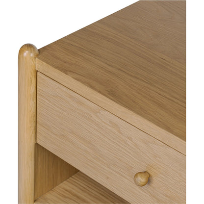 Billy Nightstand by Moe's Home Collection in natural oak. Made from oak veneer over mdf frame, solid oak leg, handle, plywood drawer in a transitional style.