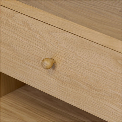 Billy Nightstand by Moe's Home Collection in natural oak. Made from oak veneer over mdf frame, solid oak leg, handle, plywood drawer in a transitional style.