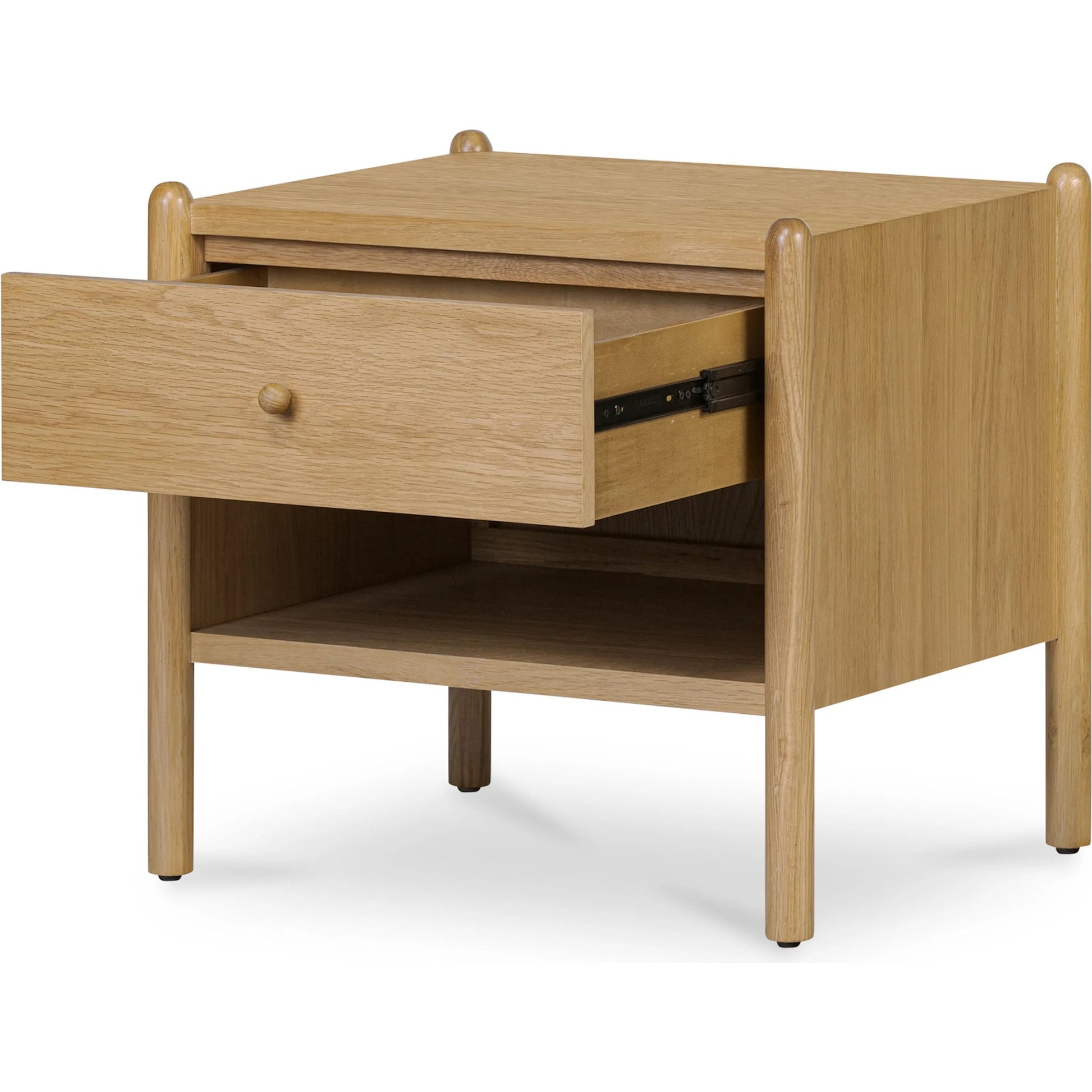 Billy Nightstand by Moe's Home Collection in natural oak. Made from oak veneer over mdf frame, solid oak leg, handle, plywood drawer in a transitional style.