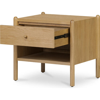 Billy Nightstand by Moe's Home Collection in natural oak. Made from oak veneer over mdf frame, solid oak leg, handle, plywood drawer in a transitional style.