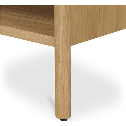 Billy Nightstand by Moe's Home Collection in natural oak. Made from oak veneer over mdf frame, solid oak leg, handle, plywood drawer in a transitional style.