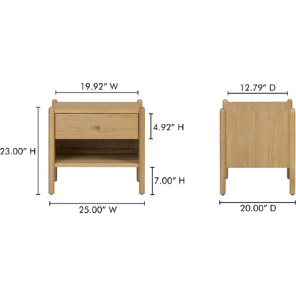 Billy Nightstand by Moe's Home Collection in natural oak. Made from oak veneer over mdf frame, solid oak leg, handle, plywood drawer in a transitional style.