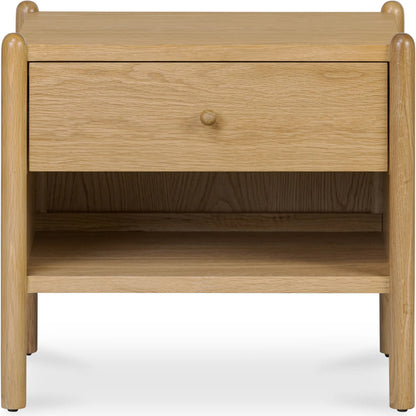 Billy Nightstand by Moe's Home Collection in natural oak. Made from oak veneer over mdf frame, solid oak leg, handle, plywood drawer in a transitional style.