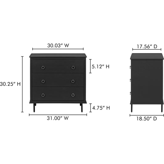 Reagan 3 Drawer Nightstand by Moe's Home Collection. Made from mdf, acacia top, mdf sides, drawer, iron leg, handle in a unique style.