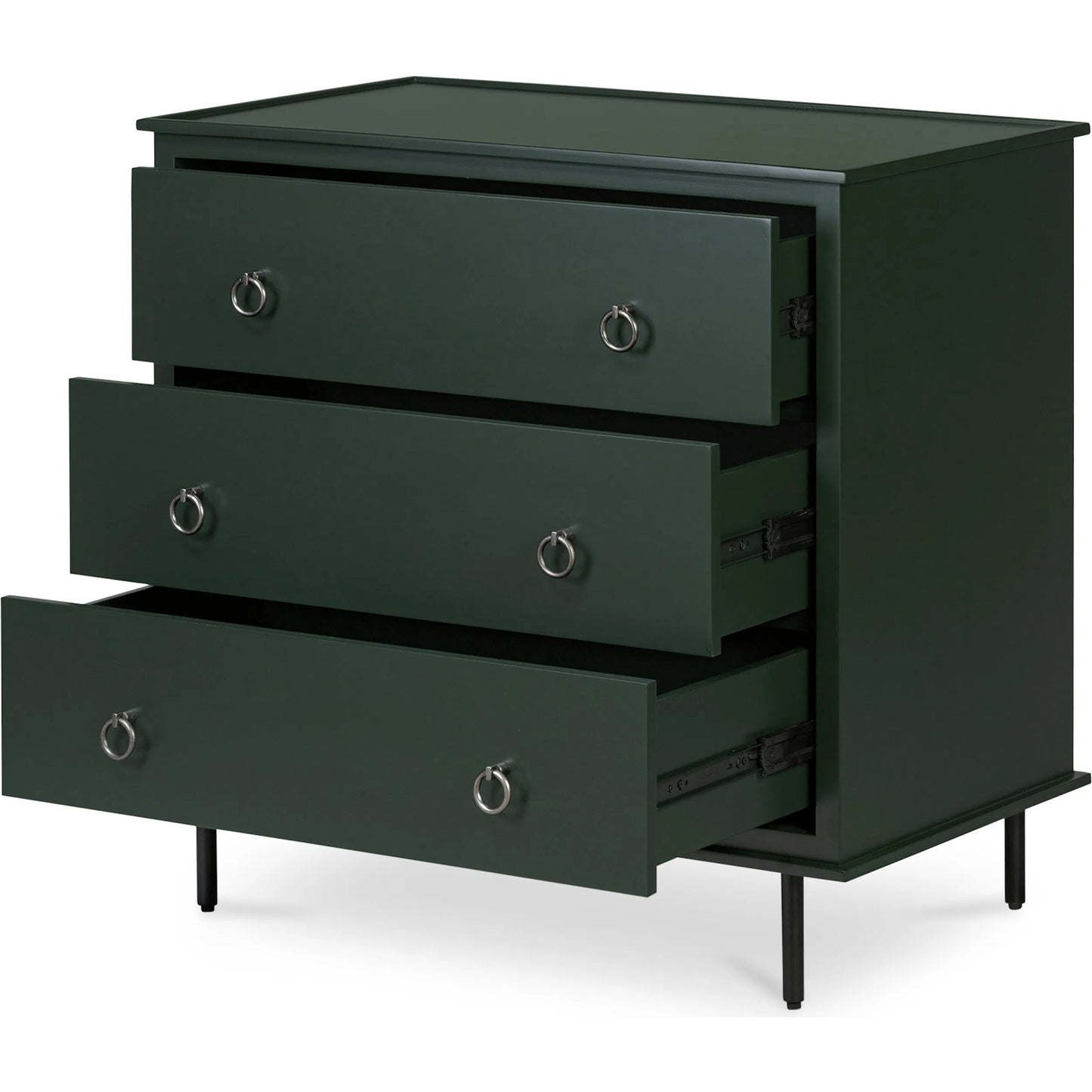 014 SI-2368255 | Additional Silo | Reagan 3 Drawer Nightstand by Moe's Home Collection in green and green. Made from mdf, acacia top, mdf sides, drawer, iron leg, handle in a traditional style.