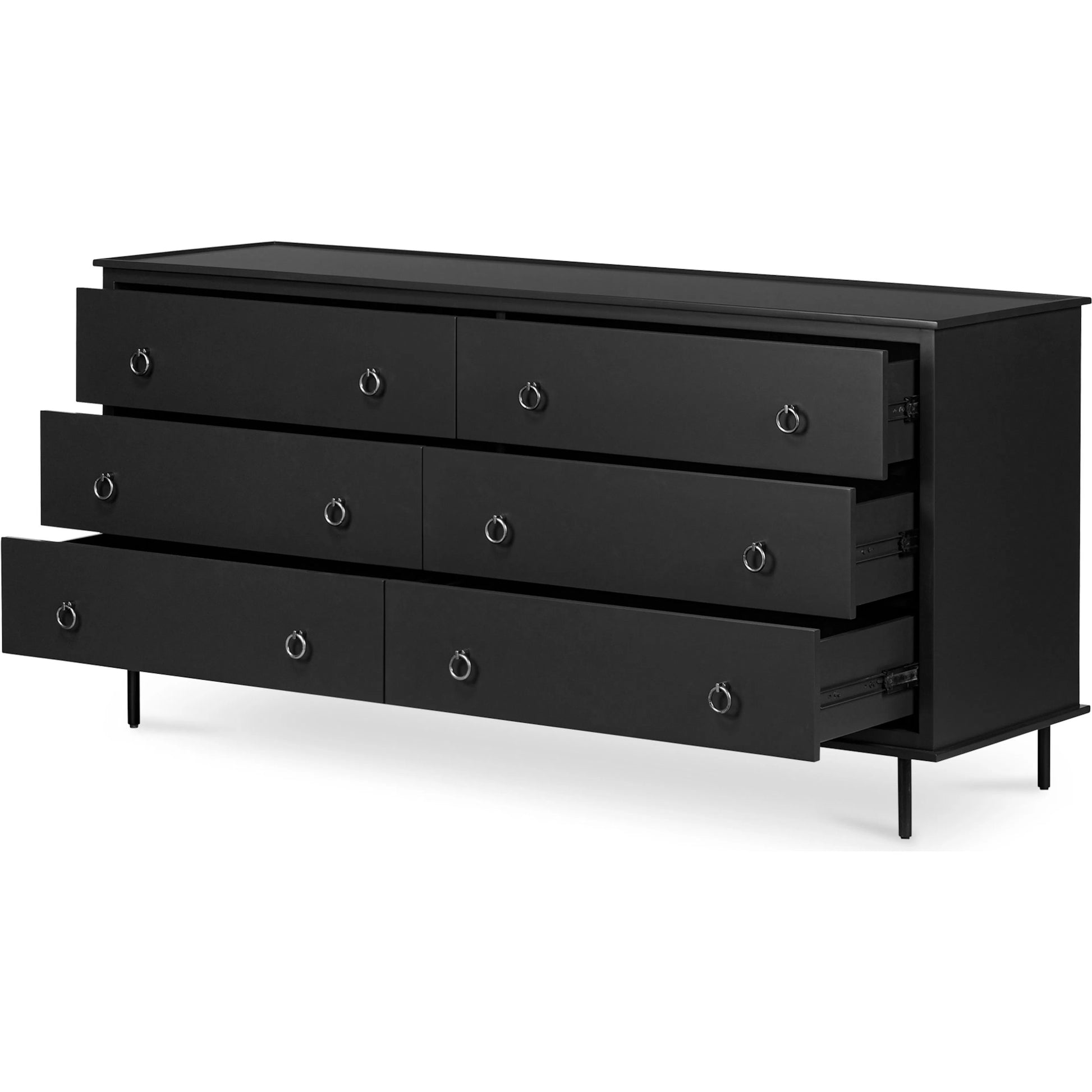 Reagan 6 Drawer Dresser by Moe's Home Collection in black and black. Made from mdf, acacia top, mdf sides, drawer, iron leg, handle in a traditional style.