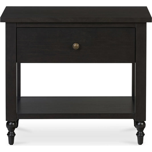 Katherine Nightstand by Moe's Home Collection in black. Made from mdf with acacia veneer on top, sides, shelf panel, drawer front, acacia drawer sides, brass handle in a unique style.