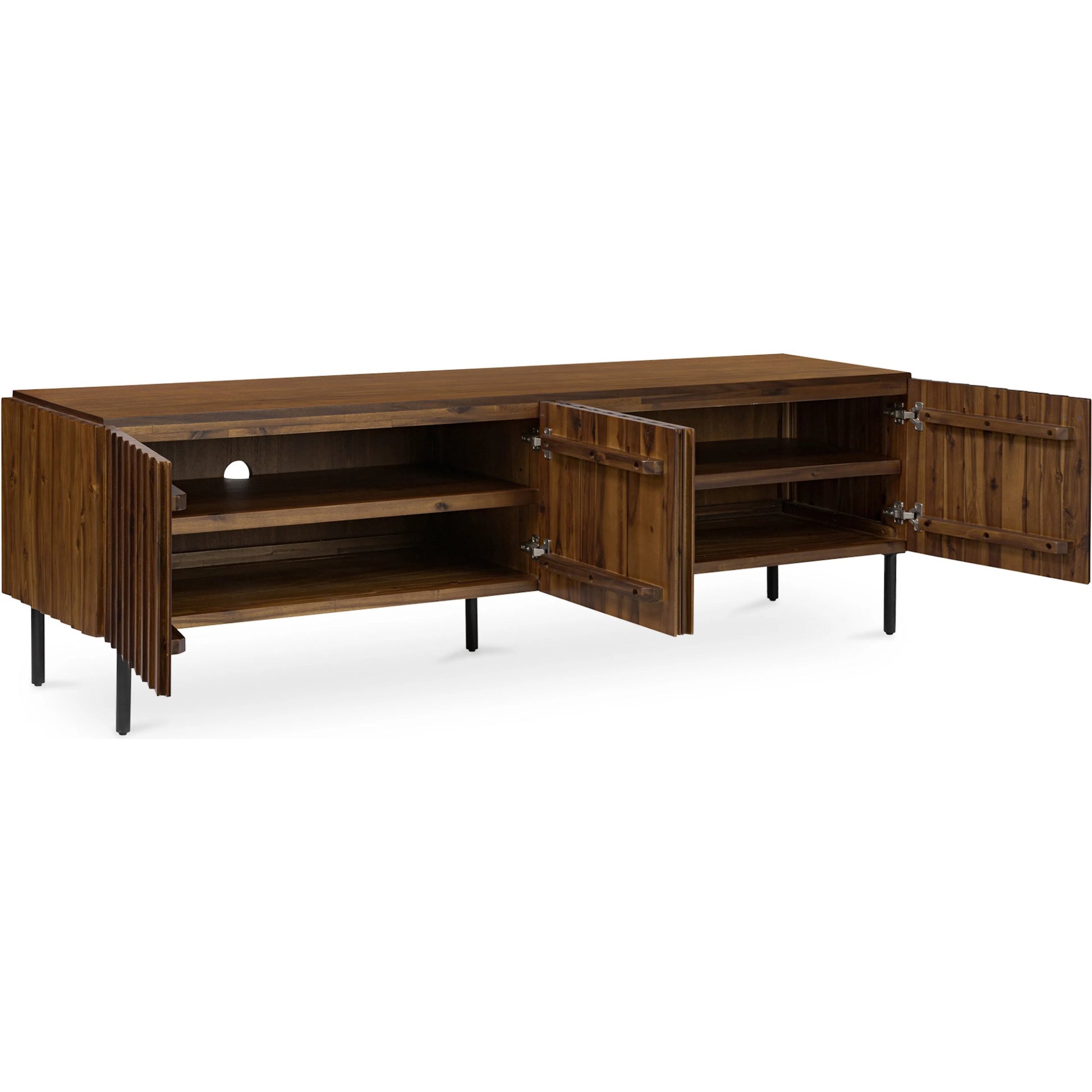 Lincoln Media Cabinet by Moe's Home Collection in brown. Made from solid acacia door, side, acacia veneer over mdf, iron legs in a traditional style.