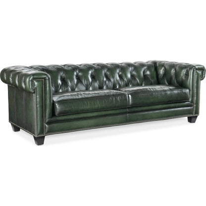 Charleston Tufted Sofa by Hooker Furniture in sarzana portal and black. Made from leather, sarzana portal (finished, wipe off, top grain with splits) in a transitional style.