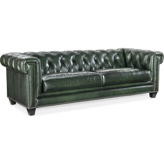 Charleston Tufted Sofa by Hooker Furniture in sarzana portal and black. Made from leather, sarzana portal (finished, wipe off, top grain with splits) in a transitional style.