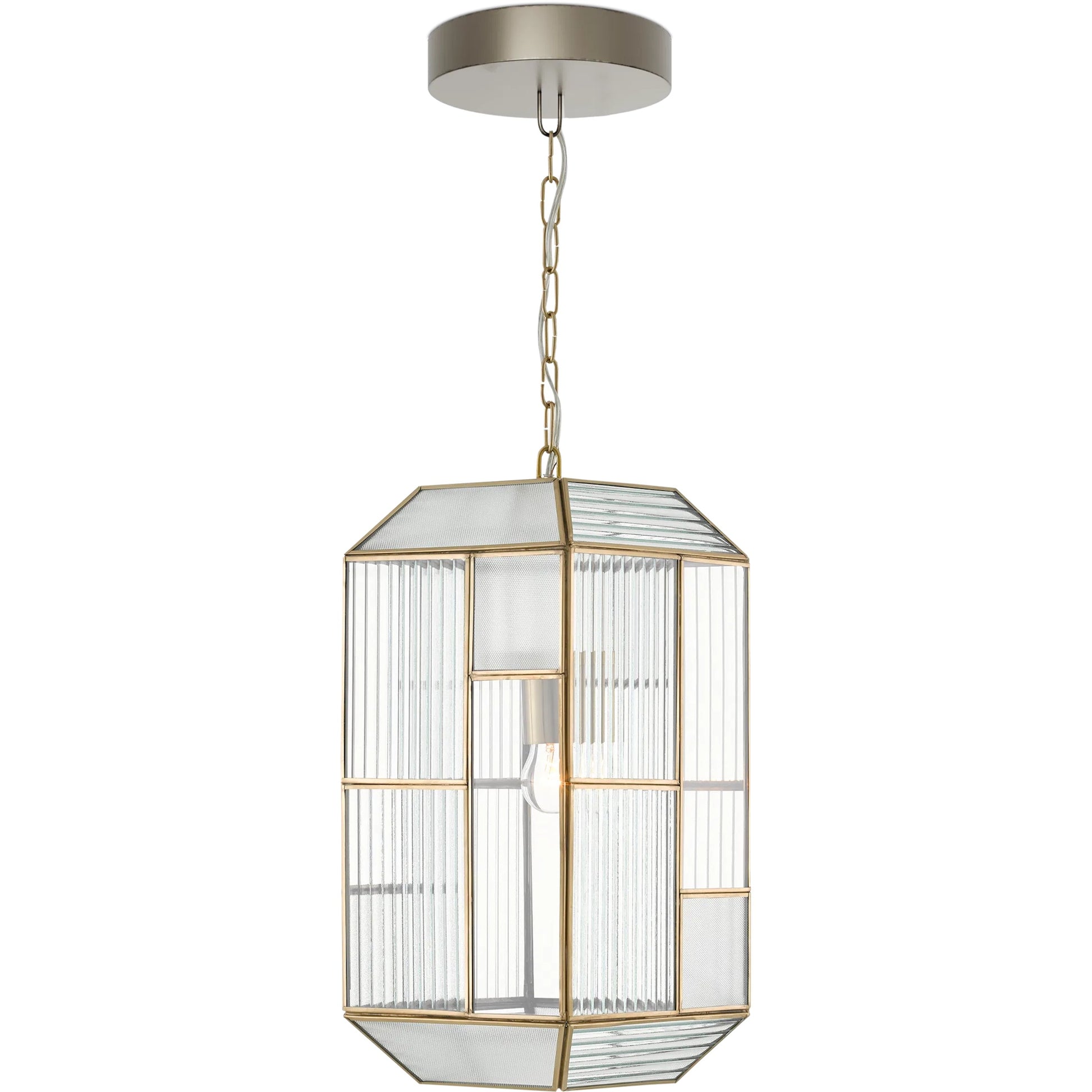 Bardolph Pendant by Currey and Company in antique brass. Made from iron, glass in a transitional style.