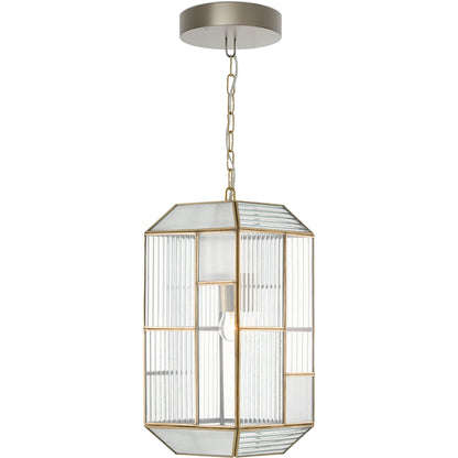 Bardolph Pendant by Currey and Company in antique brass. Made from iron, glass in a transitional style.