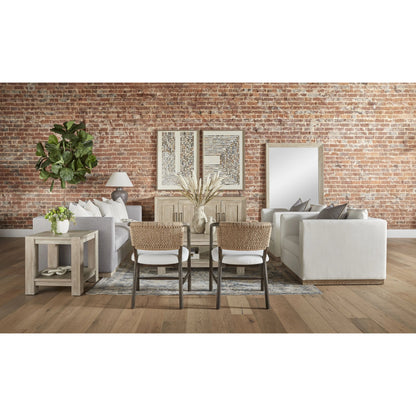 Juxtaposition Accent Chair by Essentials For Living in livesmart peyton-pearl and matte brown oak, jute twine. Made from solid oak wood, plywood, 98% polyester/2% nylon fabric, foam, jute twine in a coastal style.
