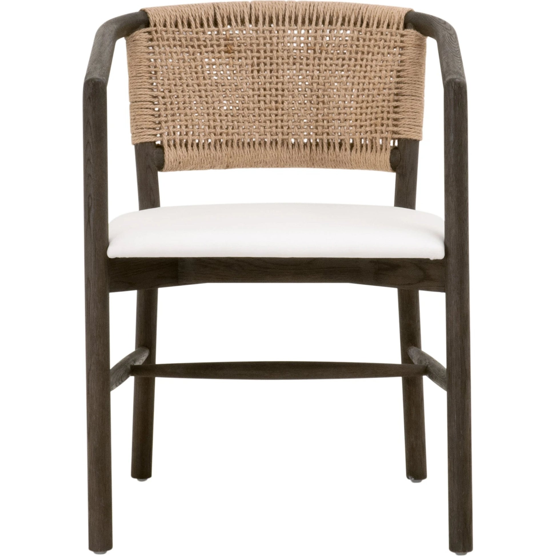 Juxtaposition Accent Chair by Essentials For Living in livesmart peyton-pearl and matte brown oak, jute twine. Made from solid oak wood, plywood, 98% polyester/2% nylon fabric, foam, jute twine in a coastal style.