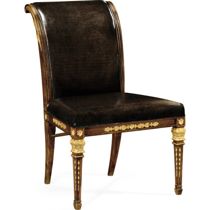 Icarus Empire Angel Wing Side Chair, Upholstered Antique Caviar Black Leather by Jonathan Charles in brown and medium walnut. Made from acacia in a eclectic & global style.