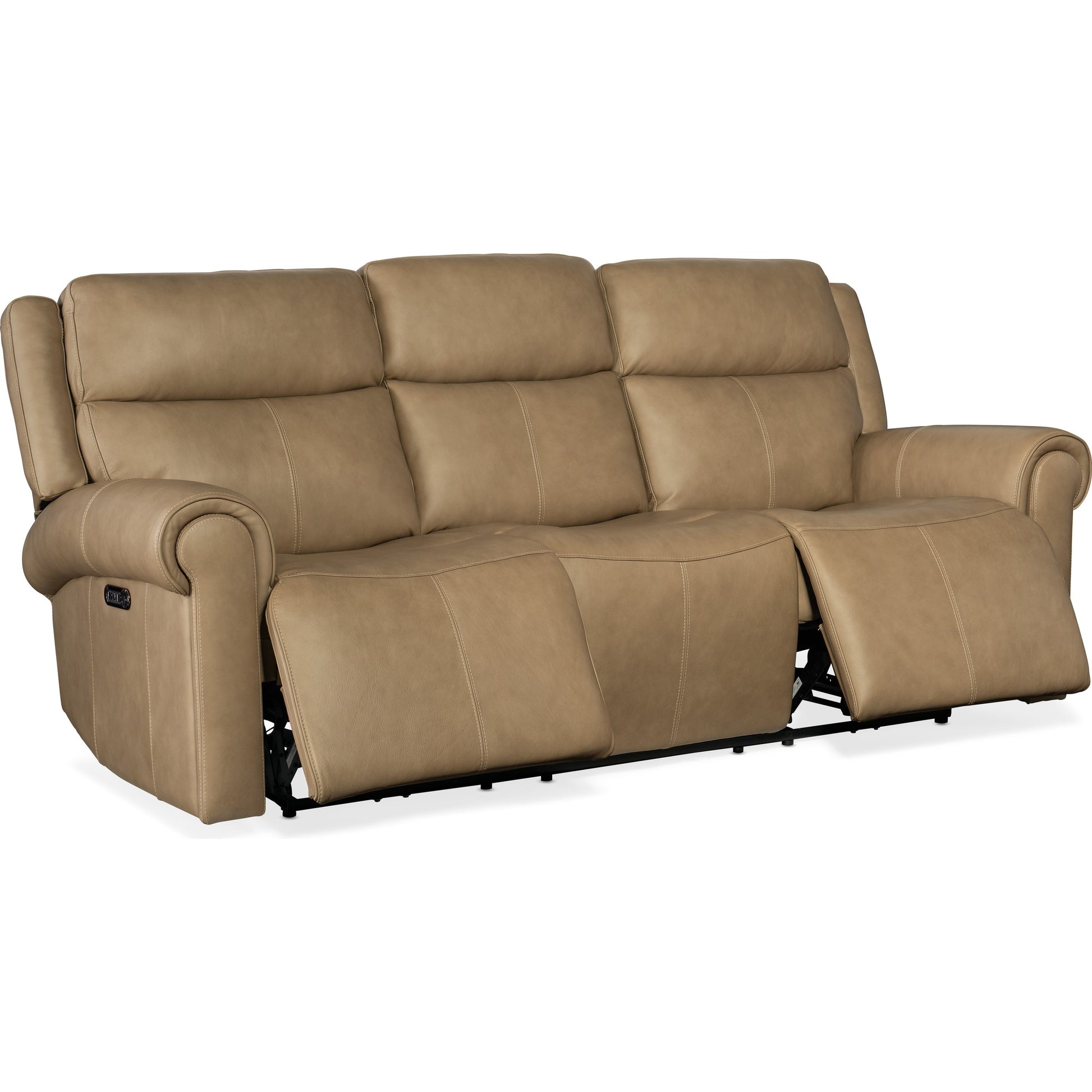 Oberon Zero Gravity Power Sofa by Hooker Furniture in caruso sand. Made from leather in a traditional style.