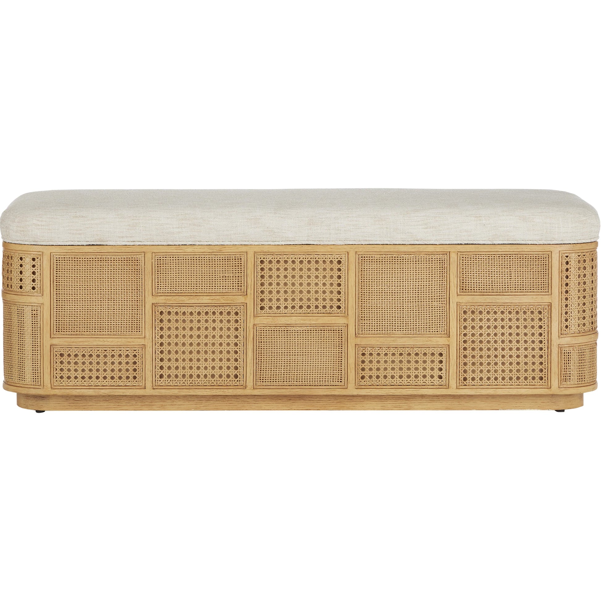 Anisa Parchment Storage Bench by Currey and Company. Made from oak, rattan weave in a cottage & farmhouse style.