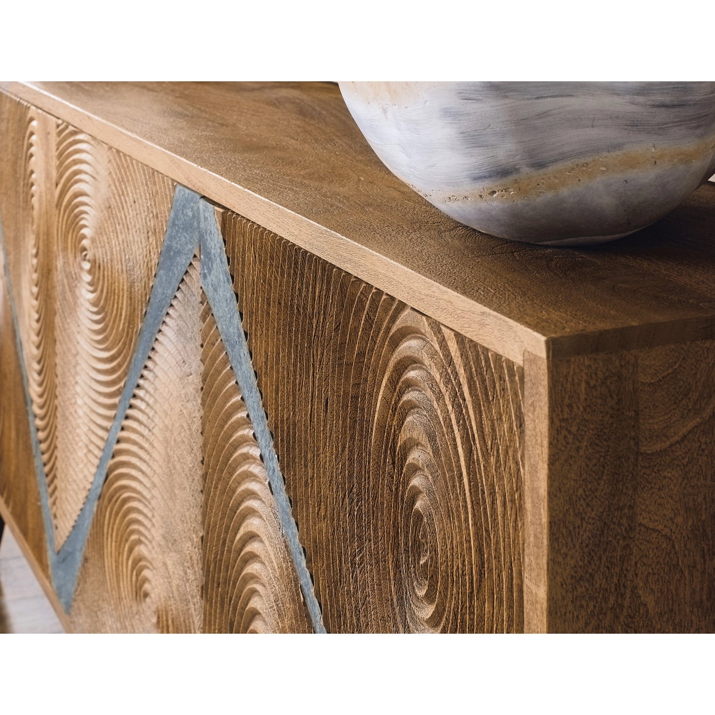 005 SI-2133790 | Closeup | Commerce & Market Vortex Credenza by Hooker Furniture in medium wood, gray slate. Made from mango solids, iron in a unique style.