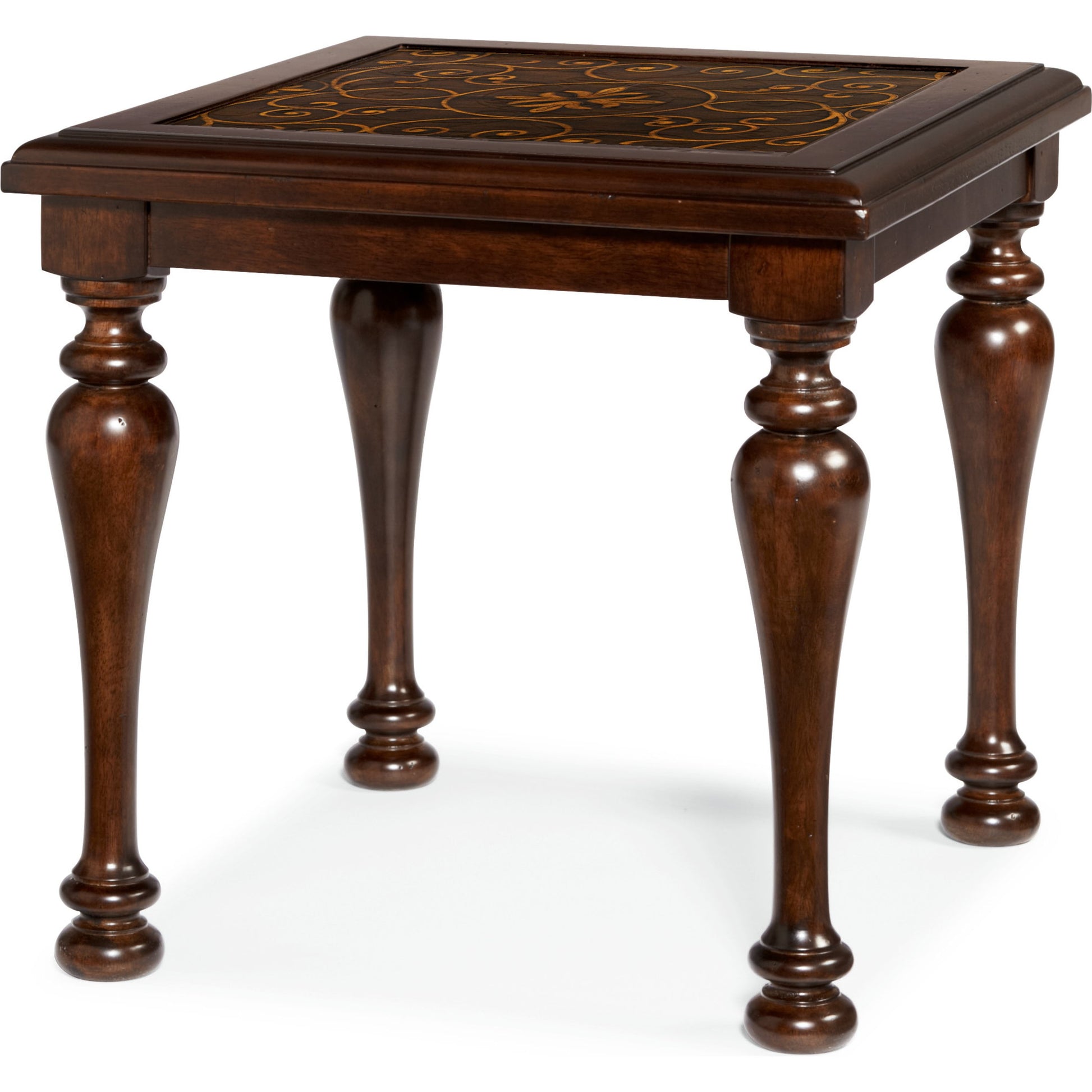 Valencia End Table by Bernhardt in dark brown. Made from cherry veneers, metal in a unique style.