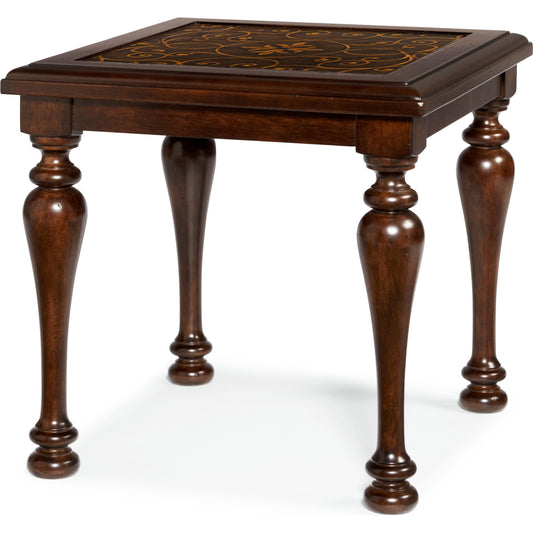 Valencia End Table by Bernhardt in dark brown. Made from cherry veneers, metal in a unique style.