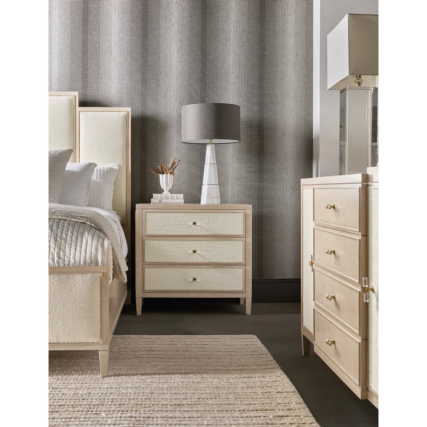 004 SI-2458430 | Lifestyle | Melange Be My Guest Dresser by Hooker Furniture in polished limestone, oak veneers. Made from oak veneers, fabric, 100% polyester in a transitional style.