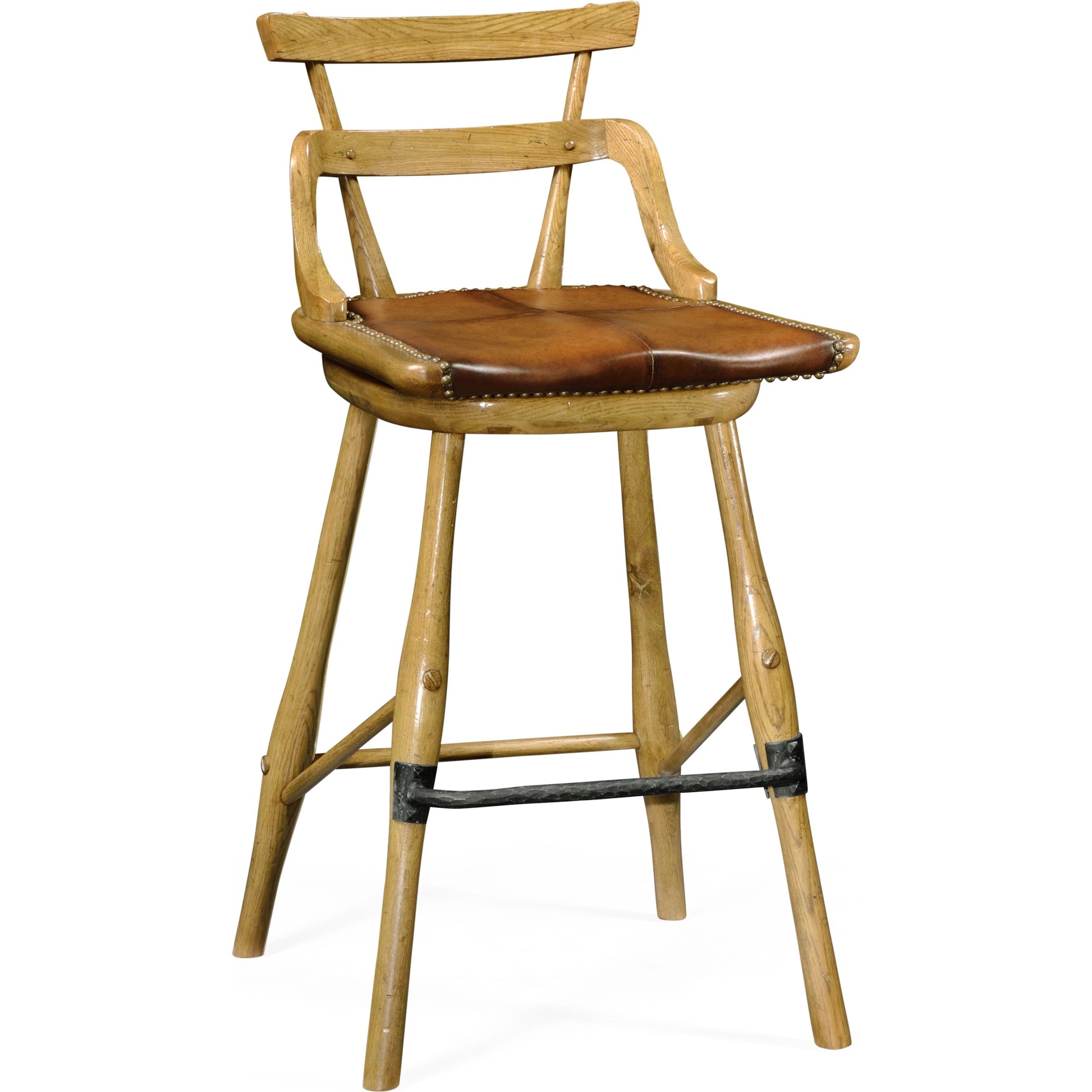 Buckingham Oak Studded Leather Barstool by Jonathan Charles in brown and dark brown tudor oak. Made from oak in a rustic style.