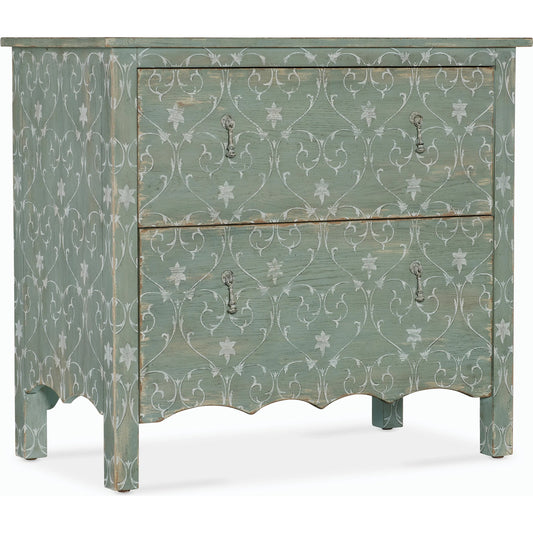 Americana Two-Drawer Accent Chest by Hooker Furniture in green and antique green finish. Made from oak veneers in a cottage & farmhouse style.