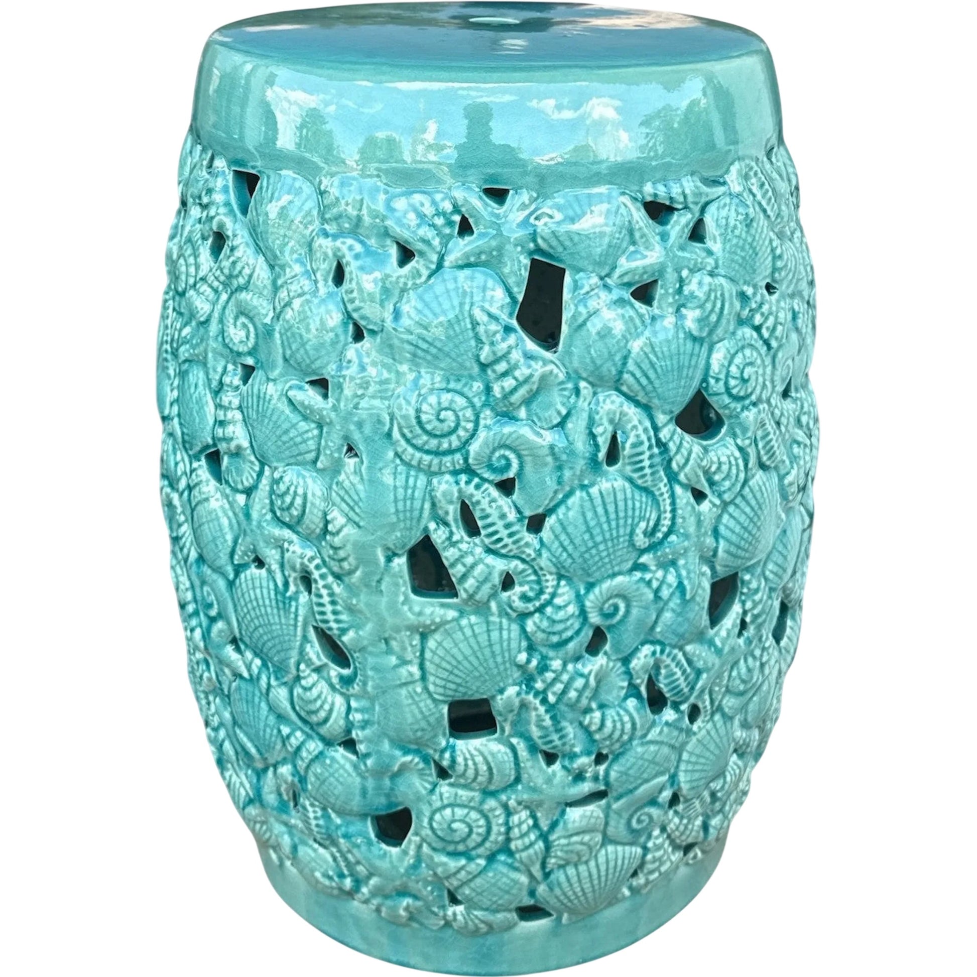Aqua Garden Stool by Zentique in aqua blue and brown. Made from ceramic in a unique style.