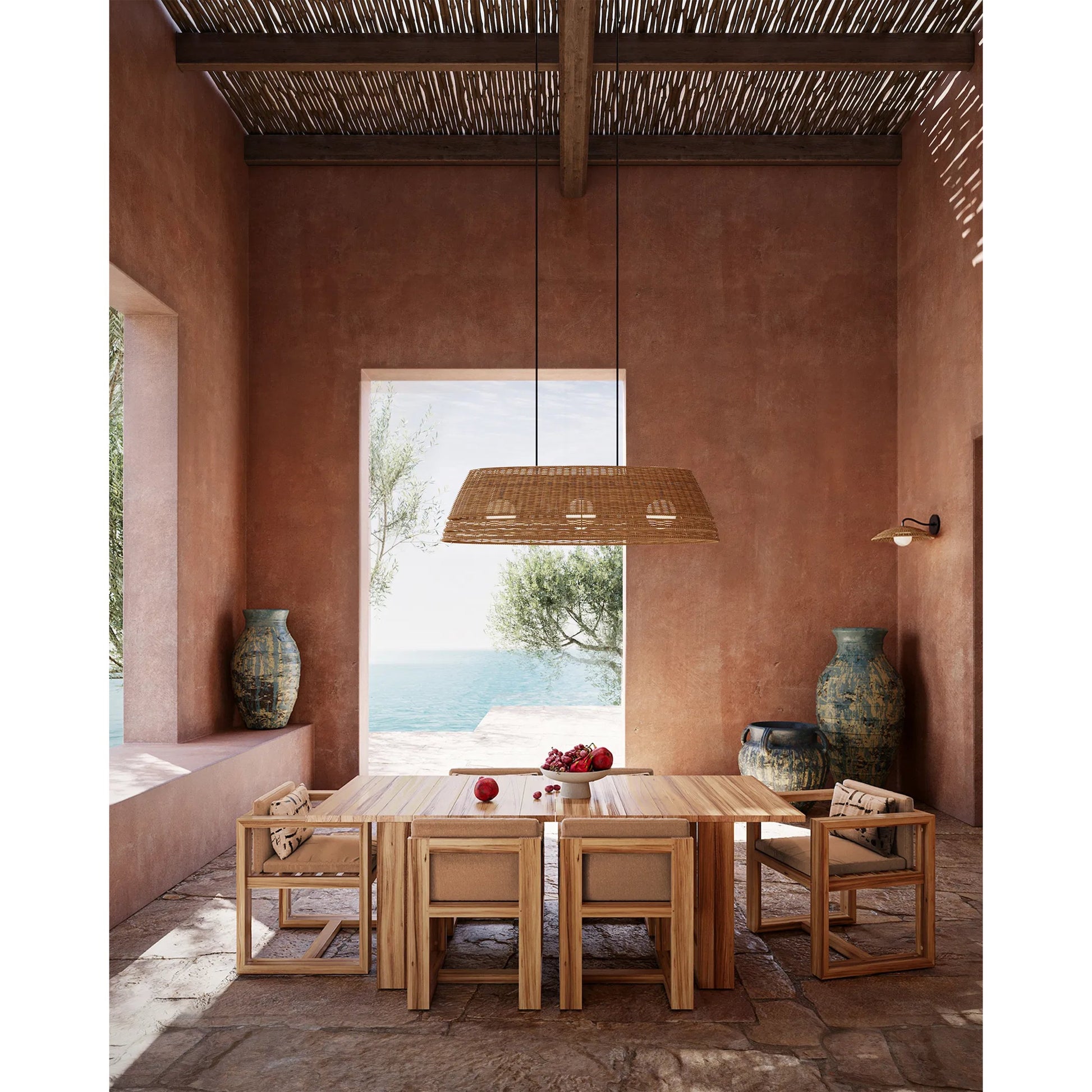 Barbary Oval Outdoor Chandelier by Currey and Company in natural, black, frosted white. Made from all-weather wicker, metal, glass in a rustic style.