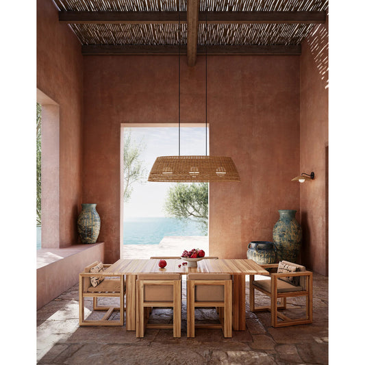 Barbary Oval Outdoor Chandelier by Currey and Company in natural, black, frosted white. Made from all-weather wicker, metal, glass in a rustic style.