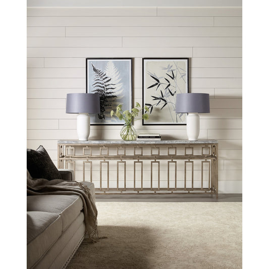 Lapilli Console Table by Hooker Furniture in distressed metallic silver. Made from metal, stone veneer in a transitional style.