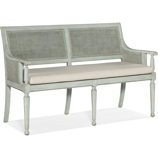 Charleston Bench by Hooker Furniture in oyster and haint blue. Made from wood, performance fabric, cane in a modern style.