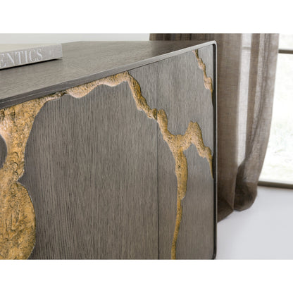 Melange Fissured Entertainment Credenza by Hooker Furniture in dark wood. Made from oak veneers in a modern style.