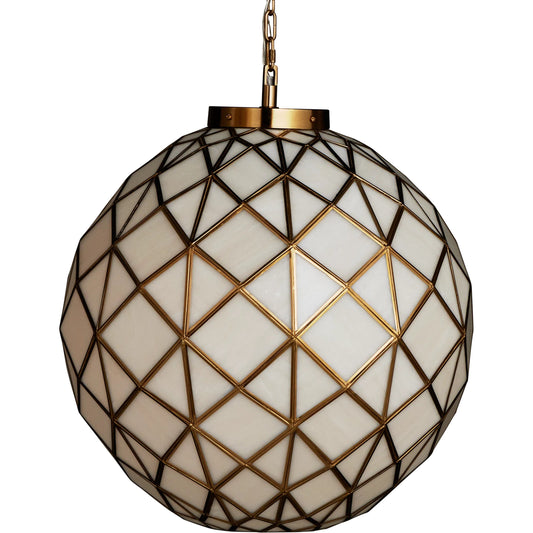 Polyhedron Pendant by Currey and Company in white, antique brass. Made from glass, brass, metal in a unique style.