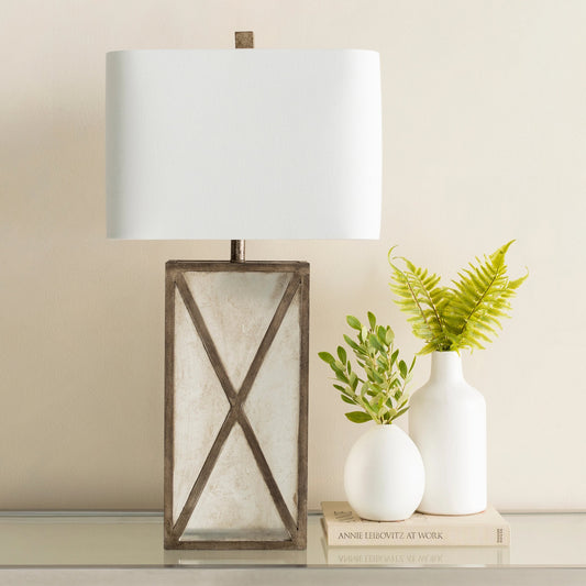 Jaxon - 13855 by Surya in translucent, metallic silver, metallic nickel and antiqued mirror. Made from linen, glass, metal in a modern style.