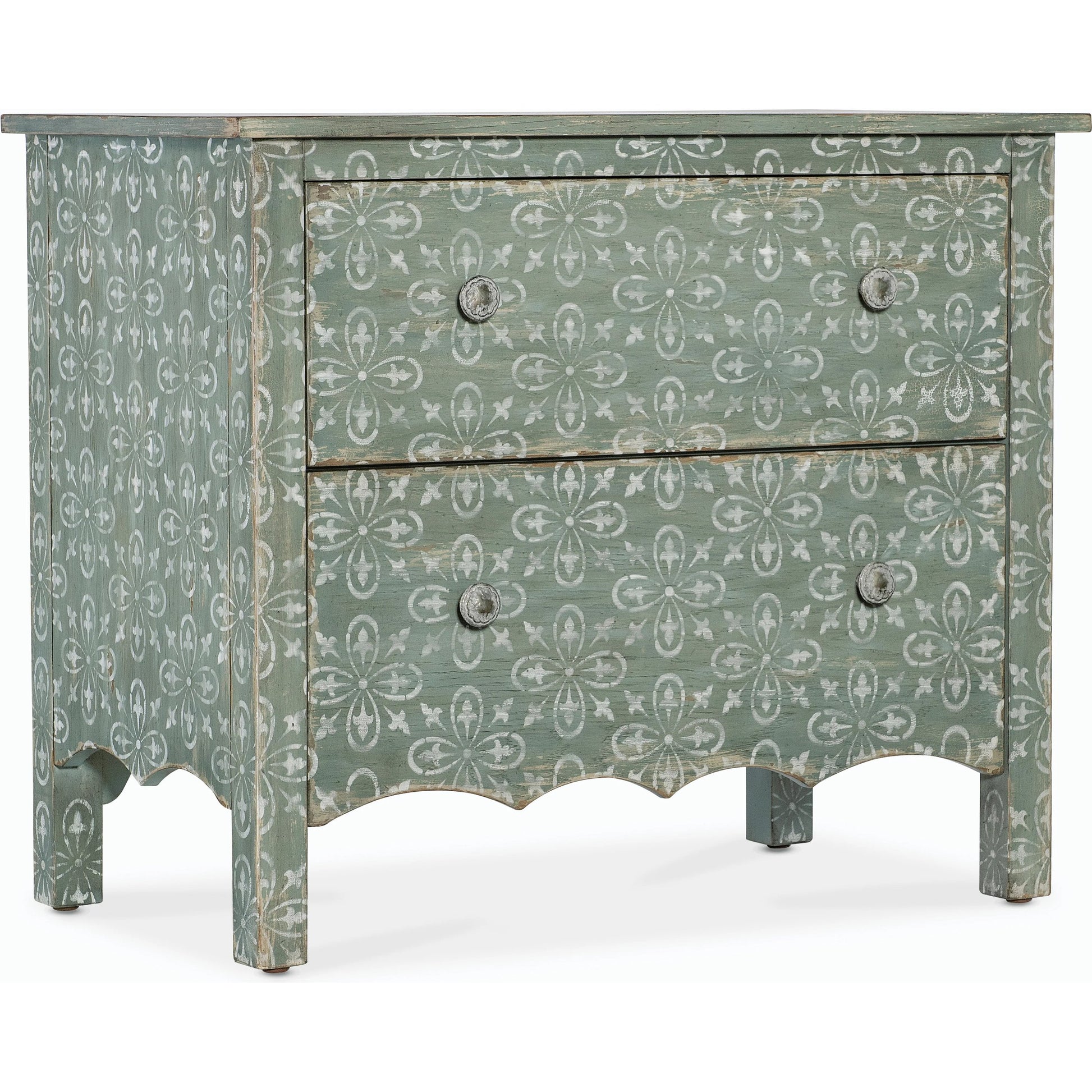 Americana Two-Drawer Nightstand by Hooker Furniture in black and molasses finish. Made from oak veneers in a cottage & farmhouse style.