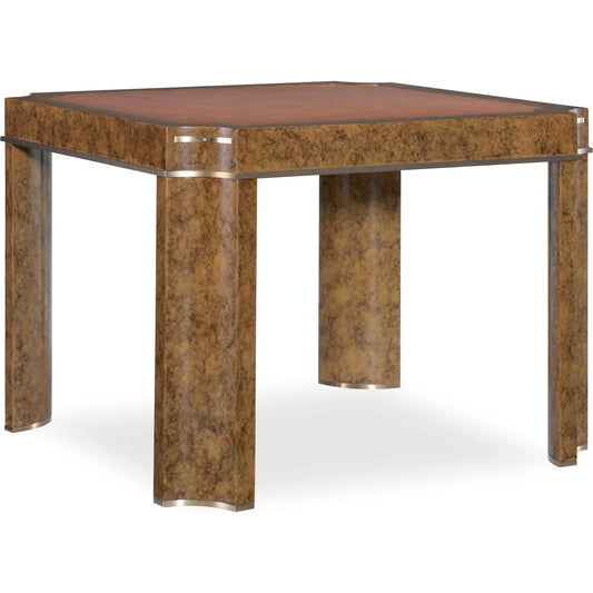 Archives Game Table by Hooker Furniture in amber faux-tortoise shell. Made from leather, hair on hide leather, birch veneers, metal in a traditional style.