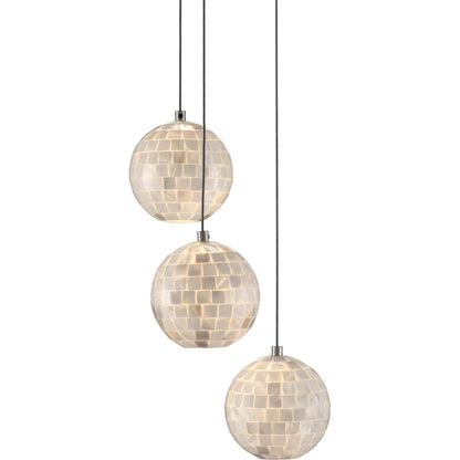 Finhorn 3-Light Round Multi-Drop Pendant by Currey and Company in painted silver, pearl. Made from metal, mother of pearl in a modern style.