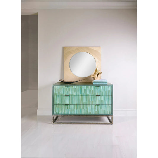 Seaglass Bunching Chest by Jonathan Charles in blue and blue straw. Made from koto veneer, stainless steel, straw in a unique style.